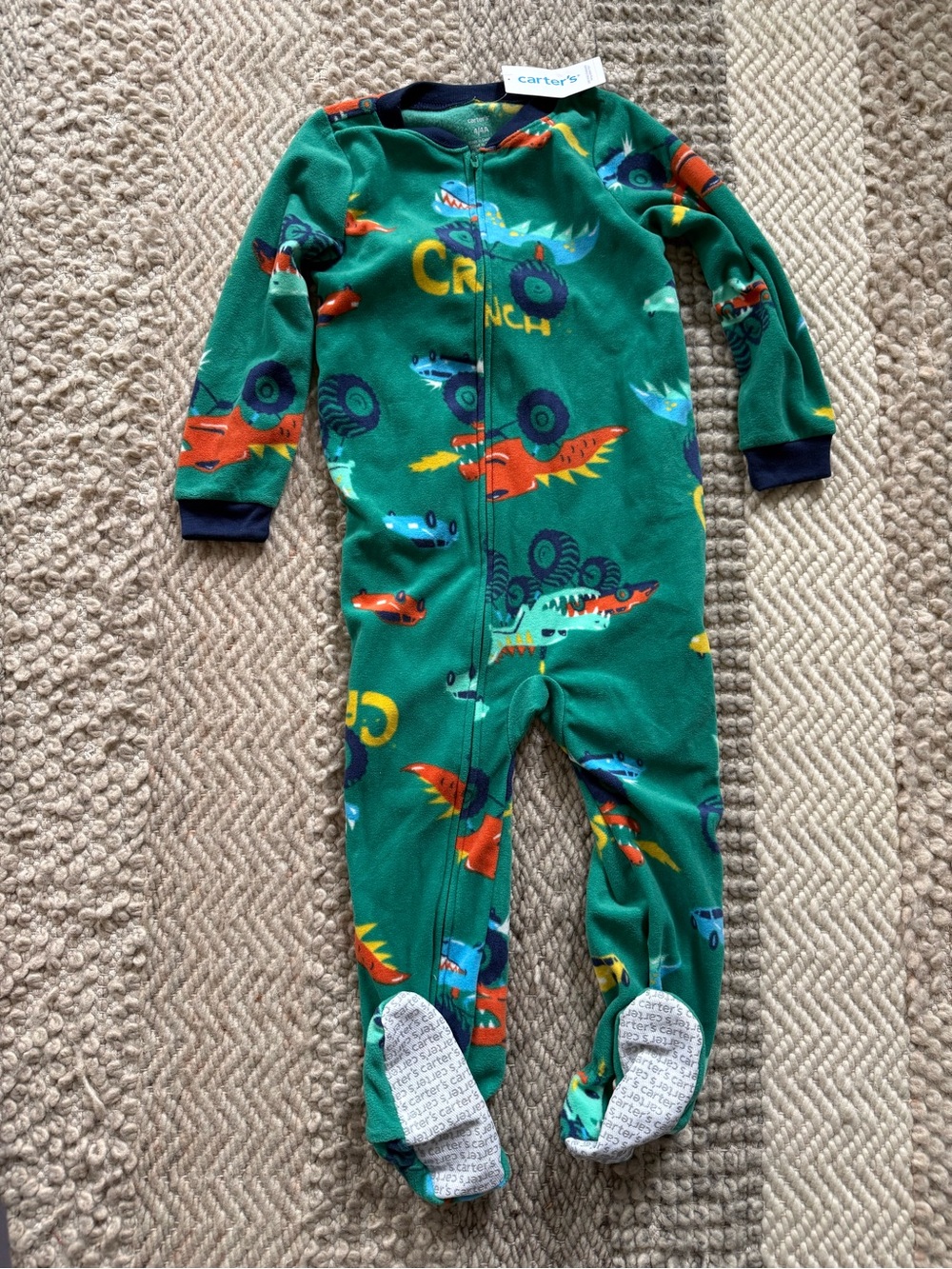Carter's Green Fleece Monster Truck Footed Pajamas w/ Orange & Blue size 4